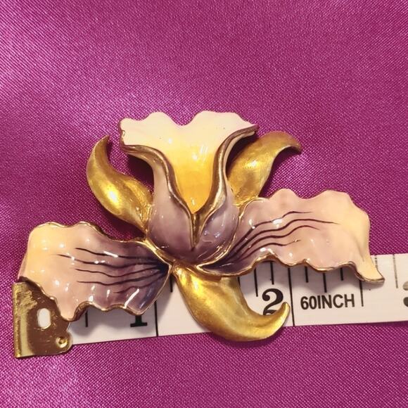 Vintage Enameled Orchid Brooch Pin - Picture 2 of 3